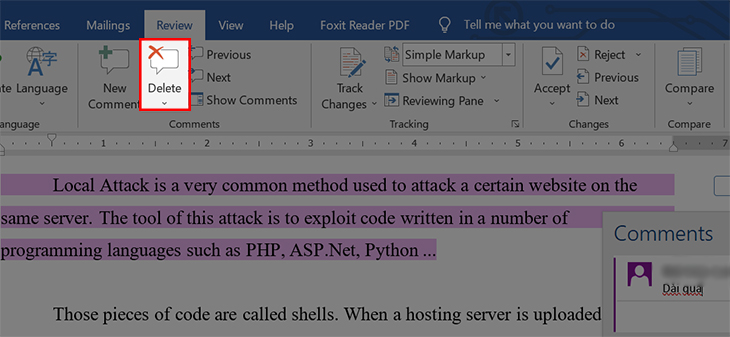 Nhấn Delete trên tab Review