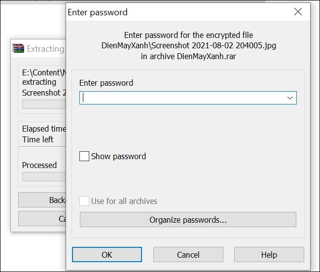 Nhập mật khẩu 2 lần > Chọn OK.” class=”lazy” src=”https://cdn.tgdd.vn/Files/2021/08/02/1372567/huong-dan-nen-file-va-dat-mat-khau-cho-file-vua-ne-2.jpg” title=”Nhập mật khẩu 2 lần > Chọn OK.”/></p>
<p>Sau khi đặt mật khẩu hoàn tất, khi giải nén file đó WinRAR sẽ nhu yếu bạn nhập mật khẩu như hình bên dưới :</p>
<p><img alt=