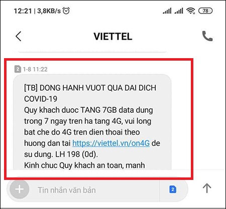 Tin nhắn gửi về khi thuê bao Viettel được hưởng ưu đãi