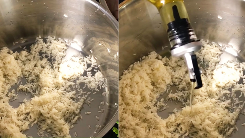 Trước khi xào gạo, bạn cần rửa gạo thật sạch để loại đi bụi bẩn.