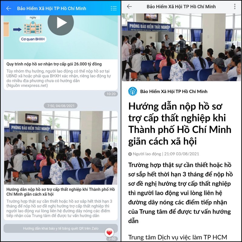 Cách nhận các thông tin về trợ cấp thất nghiệp, các gói hỗ trợ cho người gặp khó khăn trên Zalo