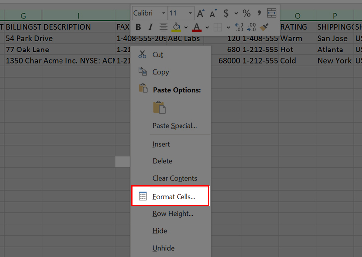 Chọn Format Cells