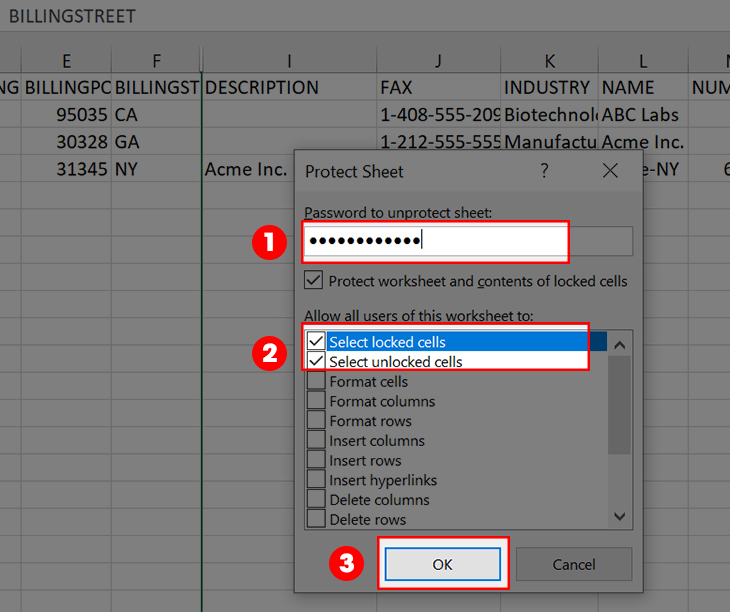 Chọn vào Select locked cells và Select unlocked cells > Nhập mật khẩu