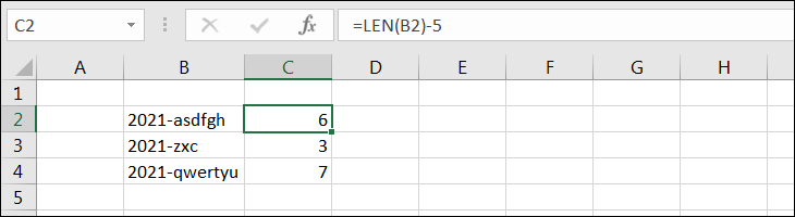 Sử dụng hàm LEN để xác định tổng số ký tự và trừ đi số ký tự ở trước đó