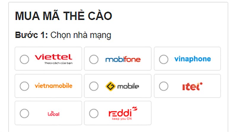 Giao diện mua thẻ Reddi trên website Trung Tâm Bảo Hành và Điện Máy Xanh