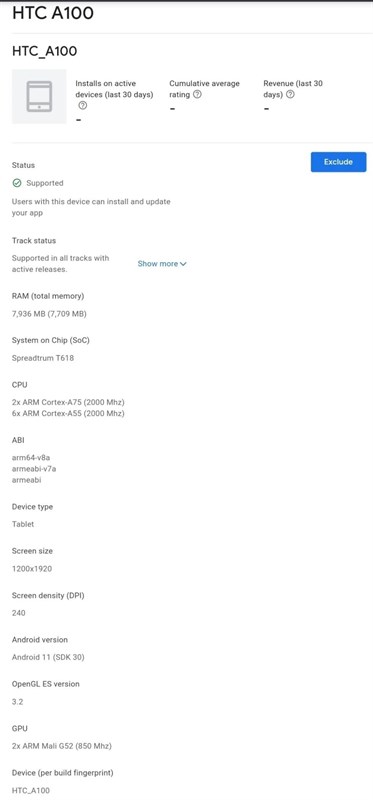 Máy tính bảng HTC A100 xuất hiện trên Google Play Console