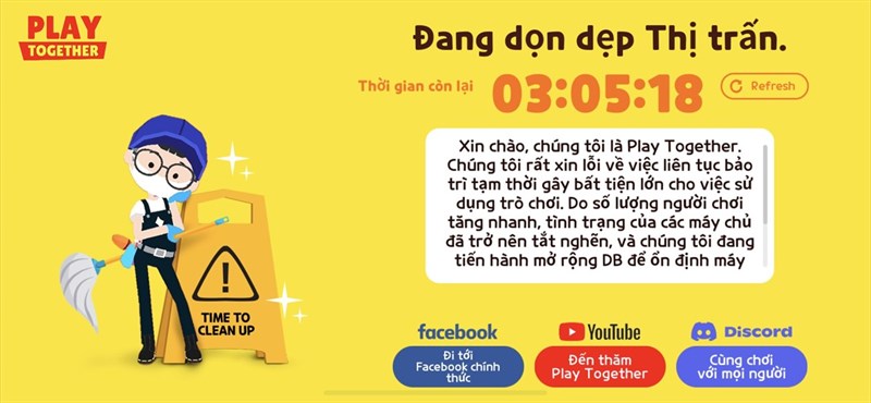 Do có quá nhiều người chơi cùng một lúc nên hệ thống Play Together phải bảo trì liên tục. 