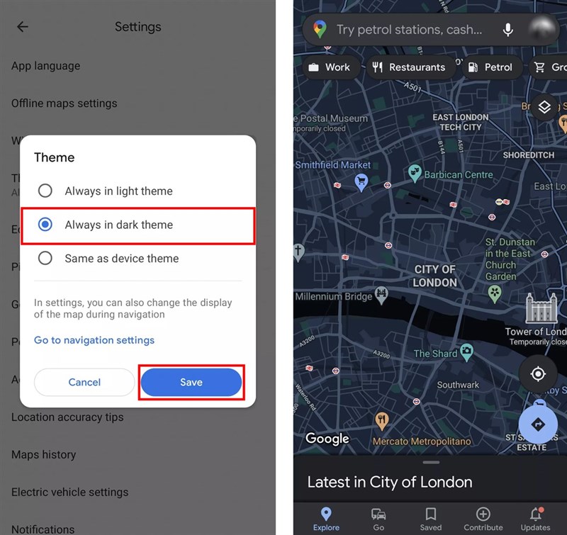 Với chế độ Dark Mode, trải nghiệm sử dụng Google Maps trên iPhone trở nên tuyệt vời hơn bao giờ hết. Những chi tiết đường phố, dấu hiệu giao thông được làm rõ nét trên nền đen sẽ giúp bạn dễ dàng di chuyển hơn trong bóng tối.