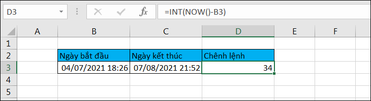 Cách tính chênh lệch thời gian trong Excel dễ thực hiện > Tính chênh lệnh ngày hiện tại và ngày bắt đầu