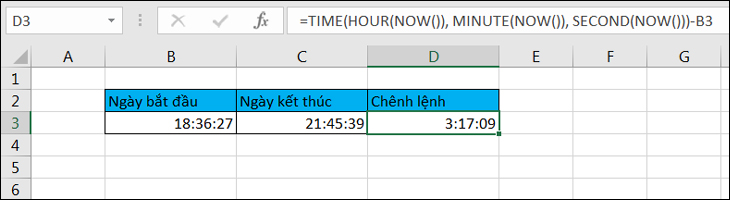 Cách tính chênh lệch thời gian trong Excel dễ thực hiện > Tính chênh lệnh thời gian hiện tại và thời gian bắt đầu