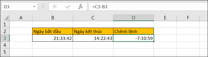 Excel hiển thị kết quả âm khi tính toán chênh lệch thời gian