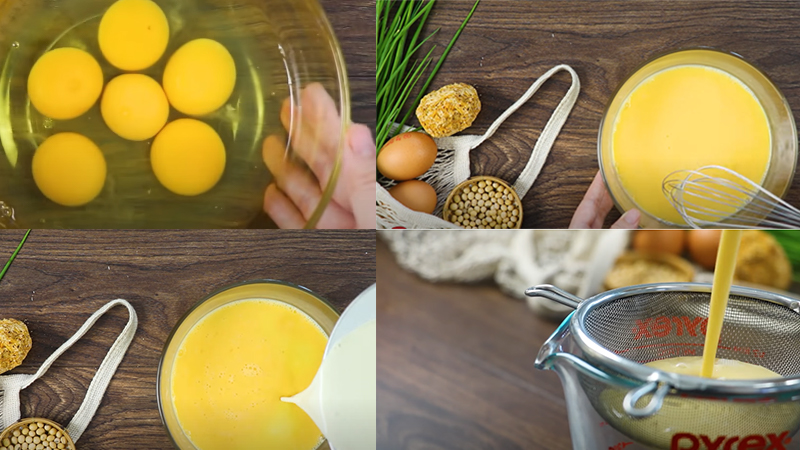 Trộn trứng với hỗn hợp sữa đậu nành và lọc qua rây