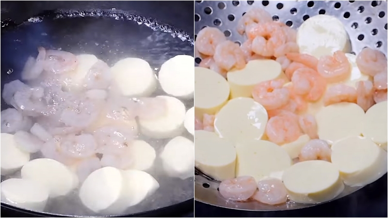 Luộc đậu hũ non và tôm