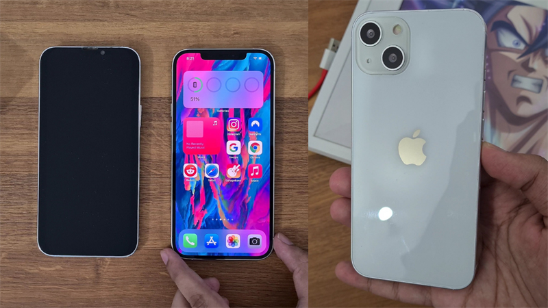 iPhone 13 vẫn có khung viền vuông vức nhưng notch tai thỏ đã gọn hơn và cảm biến camera được đặt đối xứng nhau.