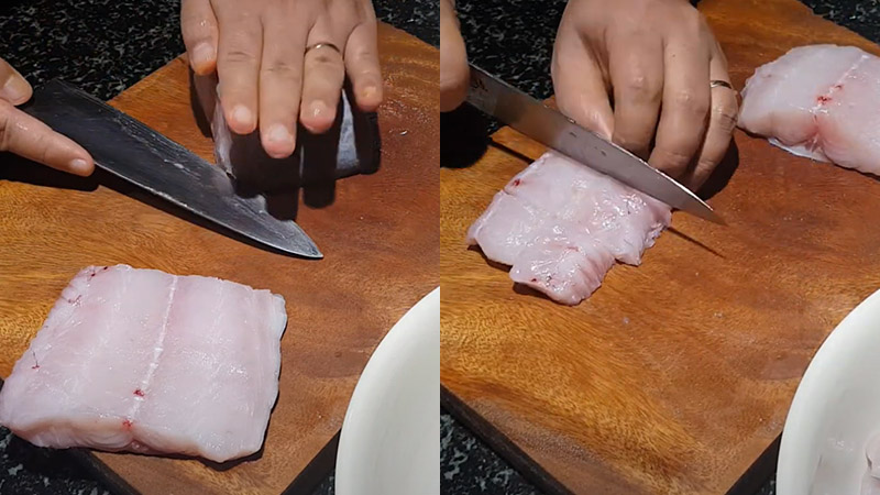 Xắt cá rồi cắt miếng nhỏ vừa ăn.