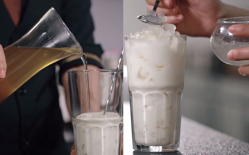 Pha nước cốt trà ô long với các nguyên liệu và thêm topping Pha nước cốt trà ô long với các nguyên liệu và thêm topping