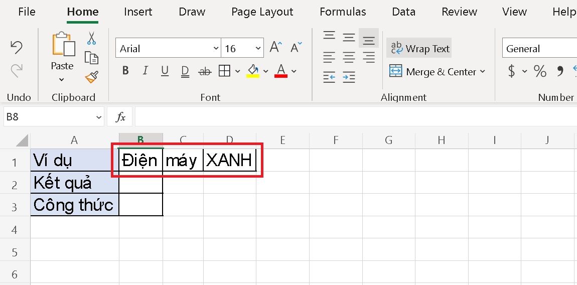 Bạn cần chuyển nối chuỗi các ô Điện, máy, XANH lại với nhau thành một dòng và xuống dòng từng chữ một