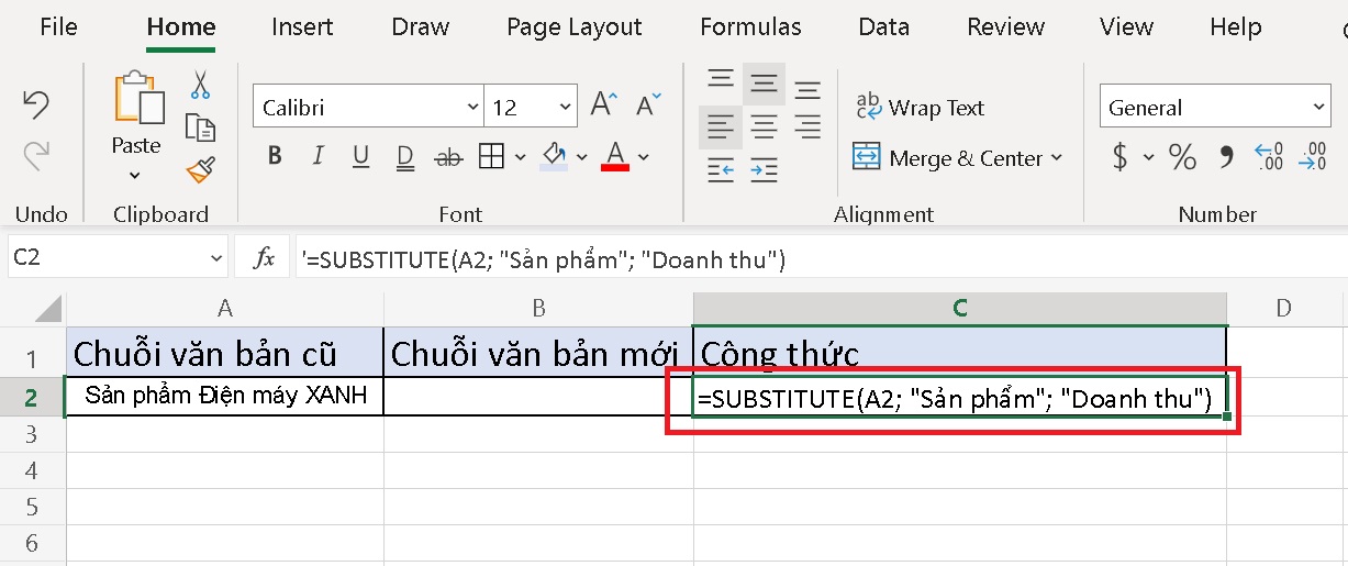 Ví dụ sử dụng hàm SUBSTITUTE để thay thế văn bản