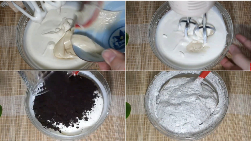 Trộn đều hỗn hợp kem và vụn vỏ bánh Oreo