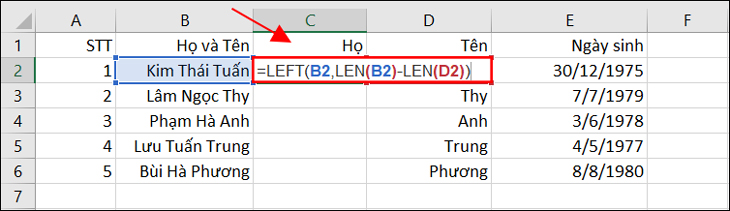 Tại ô C2, bạn nhập công thức: =LEFT(B2,LEN(B2)-LEN(D2)) để tách Họ và Tên lót