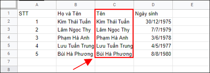 Đổi tên cột vừa tạo thành cột Tên> sao chép toàn bộ cột Họ và Tên sang cột Tên.