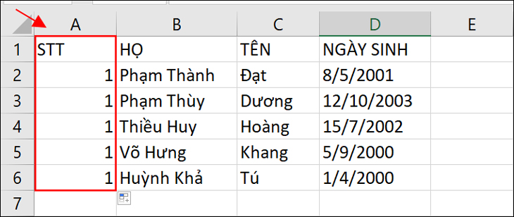 Điền ô đầu tiên trong danh sách tên là số 1, sau đó di chuột đến cạnh của ô thứ nhất để hiển thị dấu cộng, sau đó kéo xuống các ô còn lại.