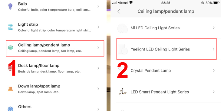 Chọn biểu tượng đèn trần, bấm Yeelight LED Ceiling Light Series