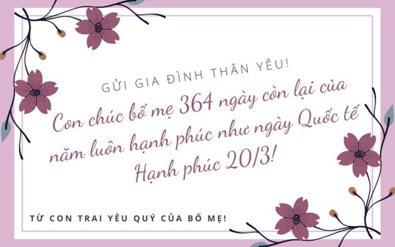 Lời chúc 20/3: Ngày Quốc tế Phụ nữ là dịp để chúng ta trân trọng và tôn vinh phái đẹp. Hãy để lời chúc 20/3 trở thành món quà tuyệt vời và ý nghĩa dành tặng cho những người phụ nữ yêu thương của bạn. Chúc họ luôn khỏe mạnh, hạnh phúc và thành công trên con đường sự nghiệp.