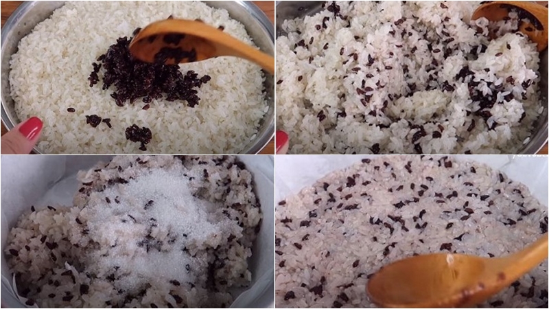 Trộn nếp với nếp than, đổ khuôn và hấp