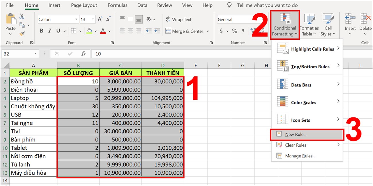  Trong tab Home chọn Conditional Formatting và chọn New Rule…