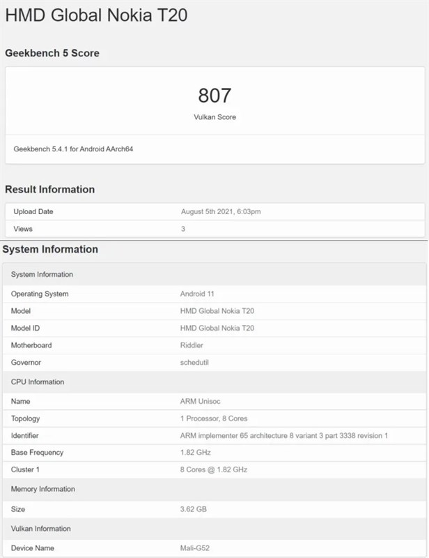 Điểm hiệu năng của Nokia T20 trên Geekbench