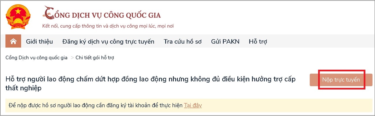 Đầu tiên bạn truy cập vào Cổng Dịch Vụ Công Quốc Gia và bấm vào Nộp trực tuyến.