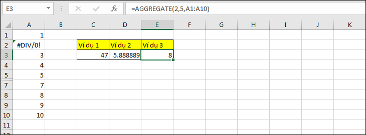 Sử dụng hàm AGGREGATE để đếm số ô chứa dữ liệu bỏ qua các hàng ẩn