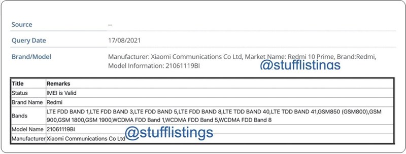 Redmi 10 Prime xuất hiện trong cơ sở dữ liệu IMEI
