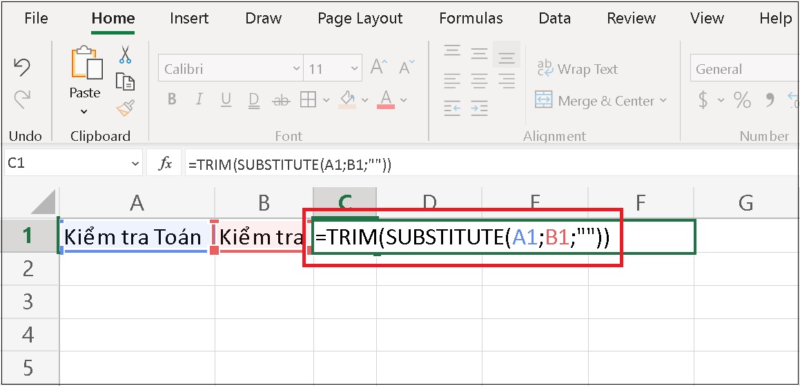 Tại ô C1, bạn nhập hàm =TRIM(SUBSTITUTE(A1,B1,