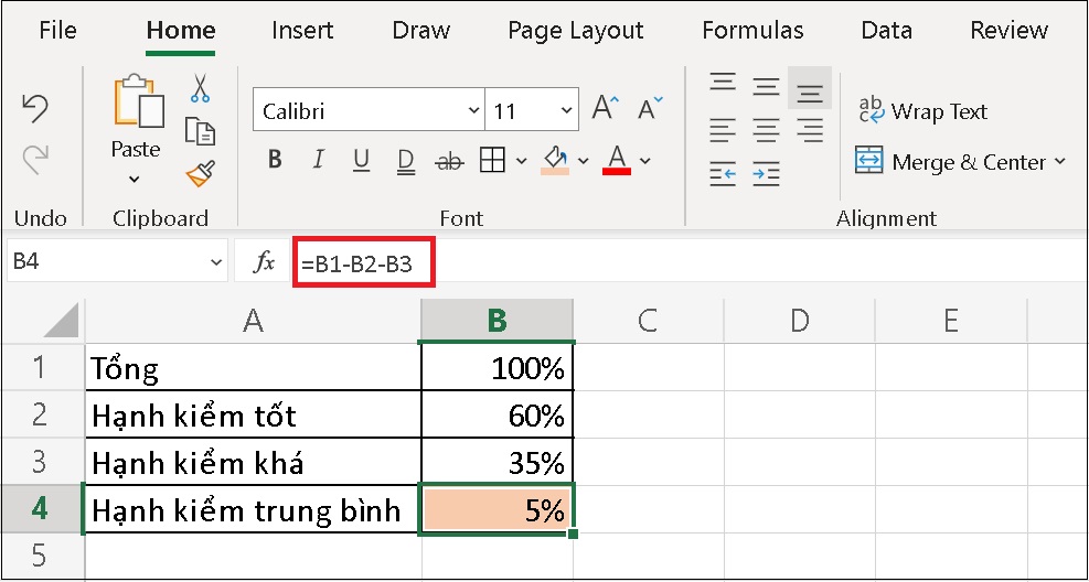 Nhập công thức: = B1-B2-B3 và nhấn Enter, bạn sẽ có ngay kết quả.