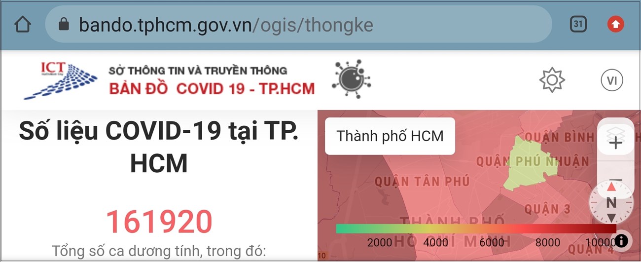 Để theo dõi vùng xanh, vùng đỏ COVID-19 tại TP. HCM, bạn xoay ngang điện thoại để xem bản đồ được hiển thị rõ ràng cho bạn. 