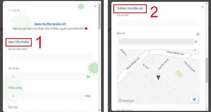 Điền thông tin các loại nhu yếu phẩm,.... mà bạn đang cần được hỗ trợ và thông tin liên lạc