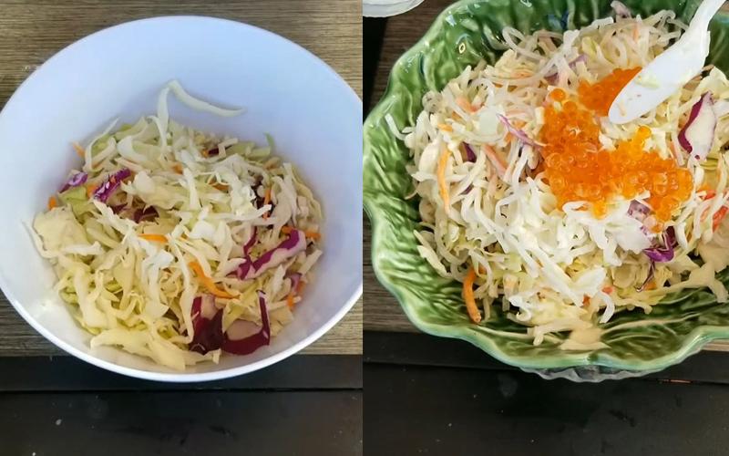 Trộn salad trứng cá hồi