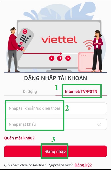 Chọn Internet/TV/PSTN, rồi tiến hành đăng nhập theo Số điện thoại, Mật khẩu và nhấn nút Đăng nhập