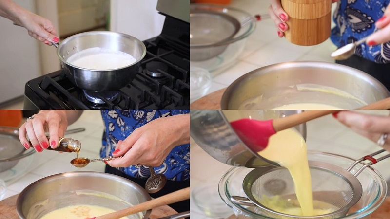 Nấu và lọc hỗn hợp trứng sữa