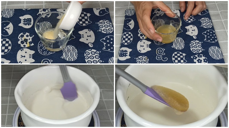 Ngâm gelatin và đun hỗn hợp sữa lần 1 để làm panna cotta dừa caramel Ngâm gelatin và đun hỗn hợp sữa lần 1 để làm panna cotta dừa caramel