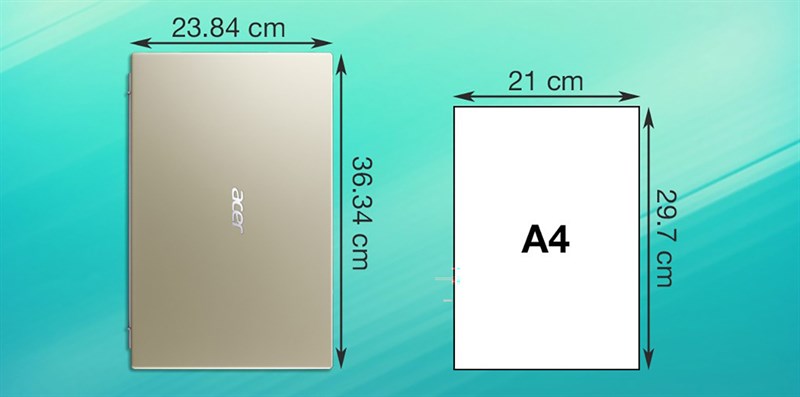 Kích thước tổng thể của Acer Aspire 3 to hơn so với tờ giấy A4 một chút.