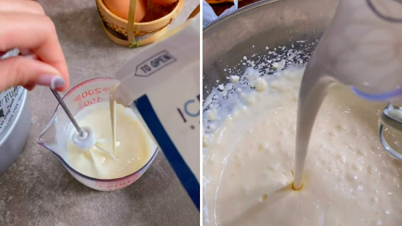 Trộn bột và cho vào hỗn hợp cream cheese