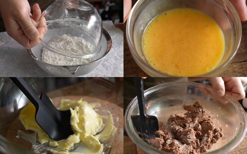 Trộn bột làm đế bánh tart cacao cho món bánh tart mousse socola bạc hà