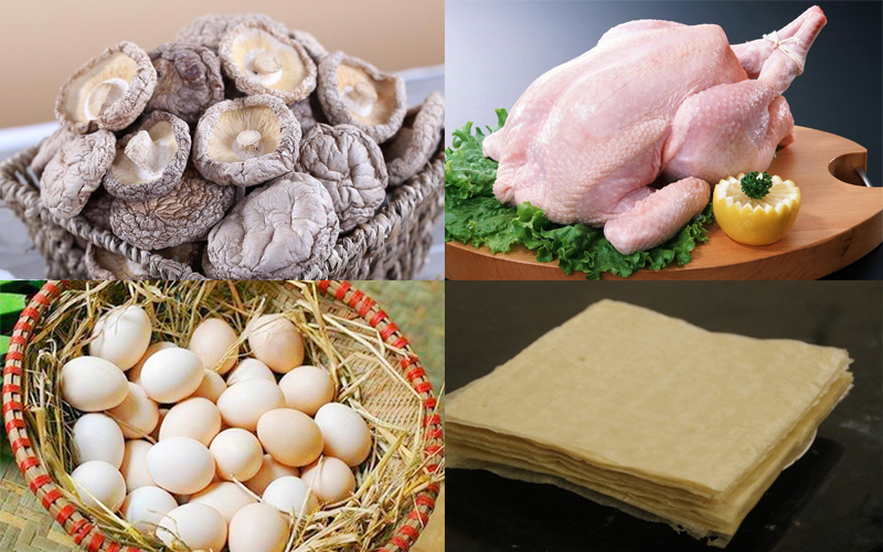 Một số nguyên liệu làm chả giò nhân nấm, thịt gà
