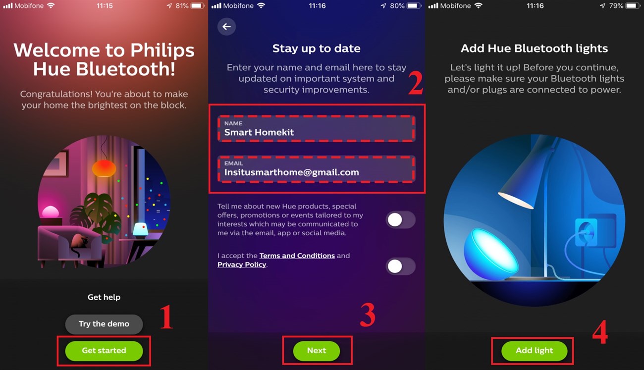Chọn Get Start > Nhập email và tên của tài khoản > Chọn Next > Chọn Add Light