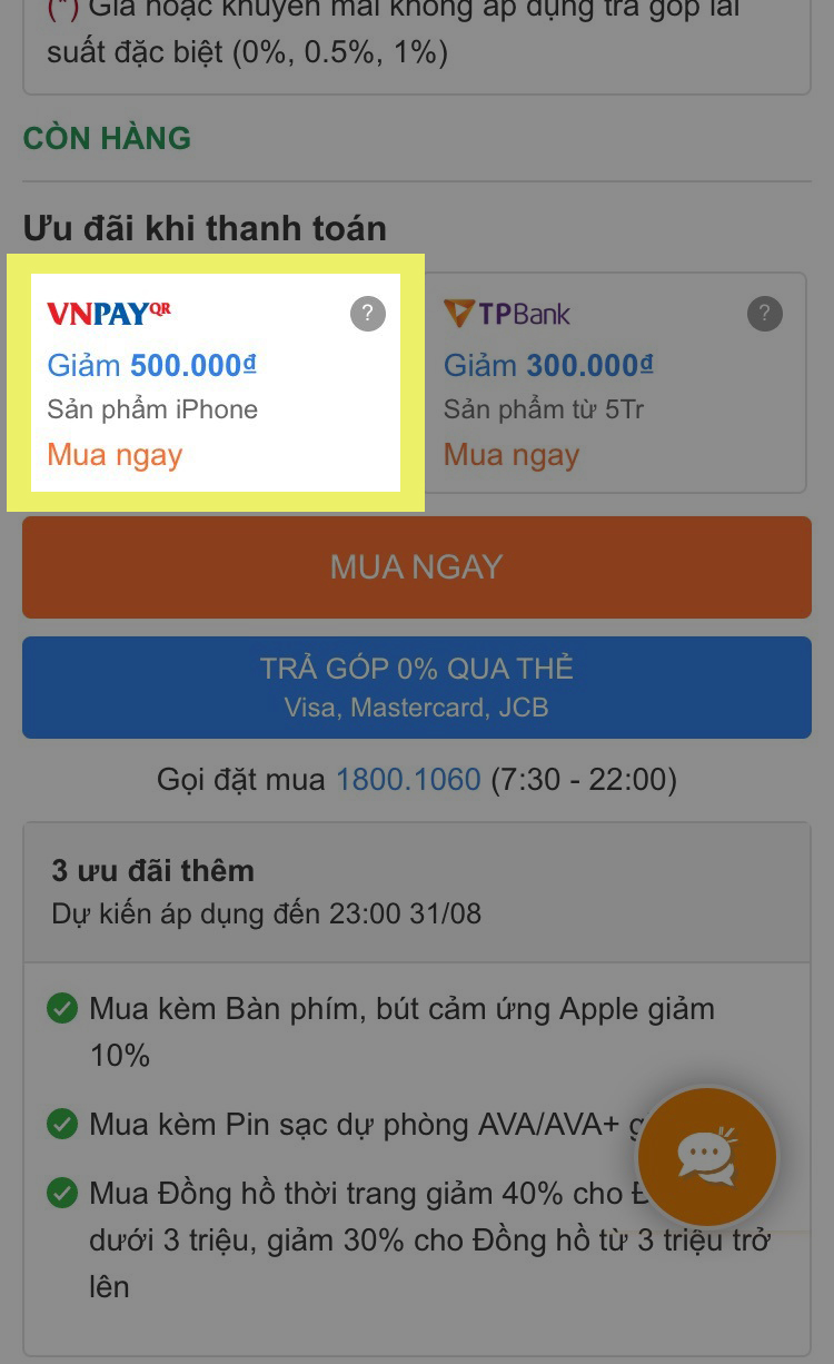 MUA IPHONE GIẢM GIÁ KHI THANH TOÁN QUÁ VNPAY