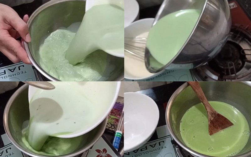 Nấu hỗn hợp nước cốt sữa lá dứa và trứng đường để làm kem lá dứa