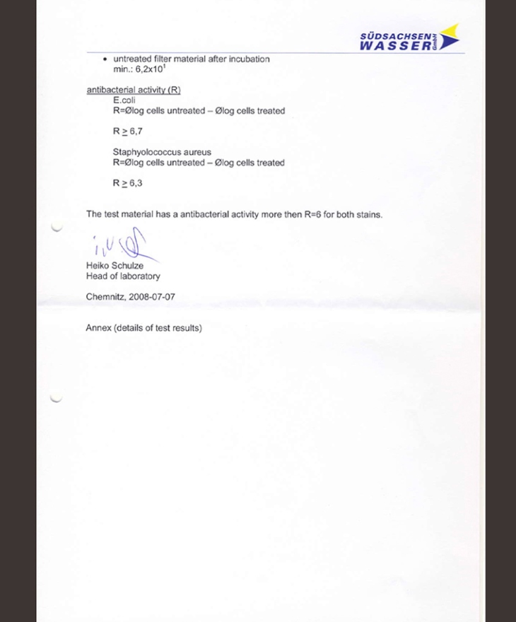 Giấy chứng nhận công nghệ Blue Ag+ có khả năng diệt khuẩn E.coli và khuẩn tụ cầu vàng